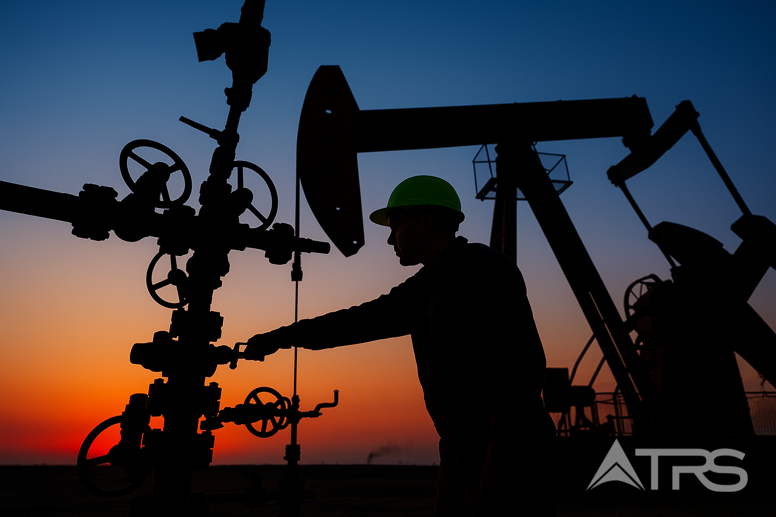 Worker operating equipment at oil field during sunset