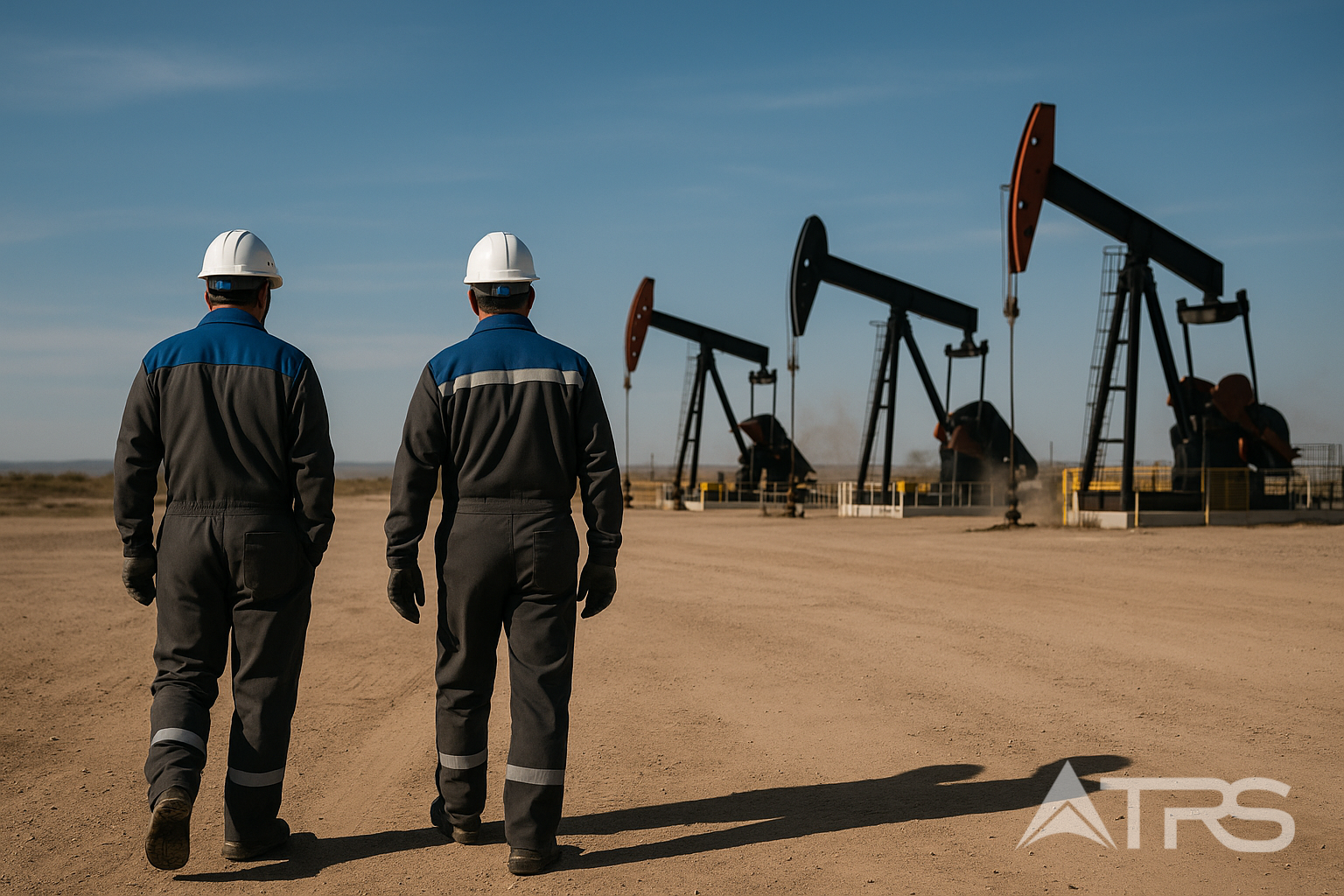 Workers walking towards oil pumps in daylight