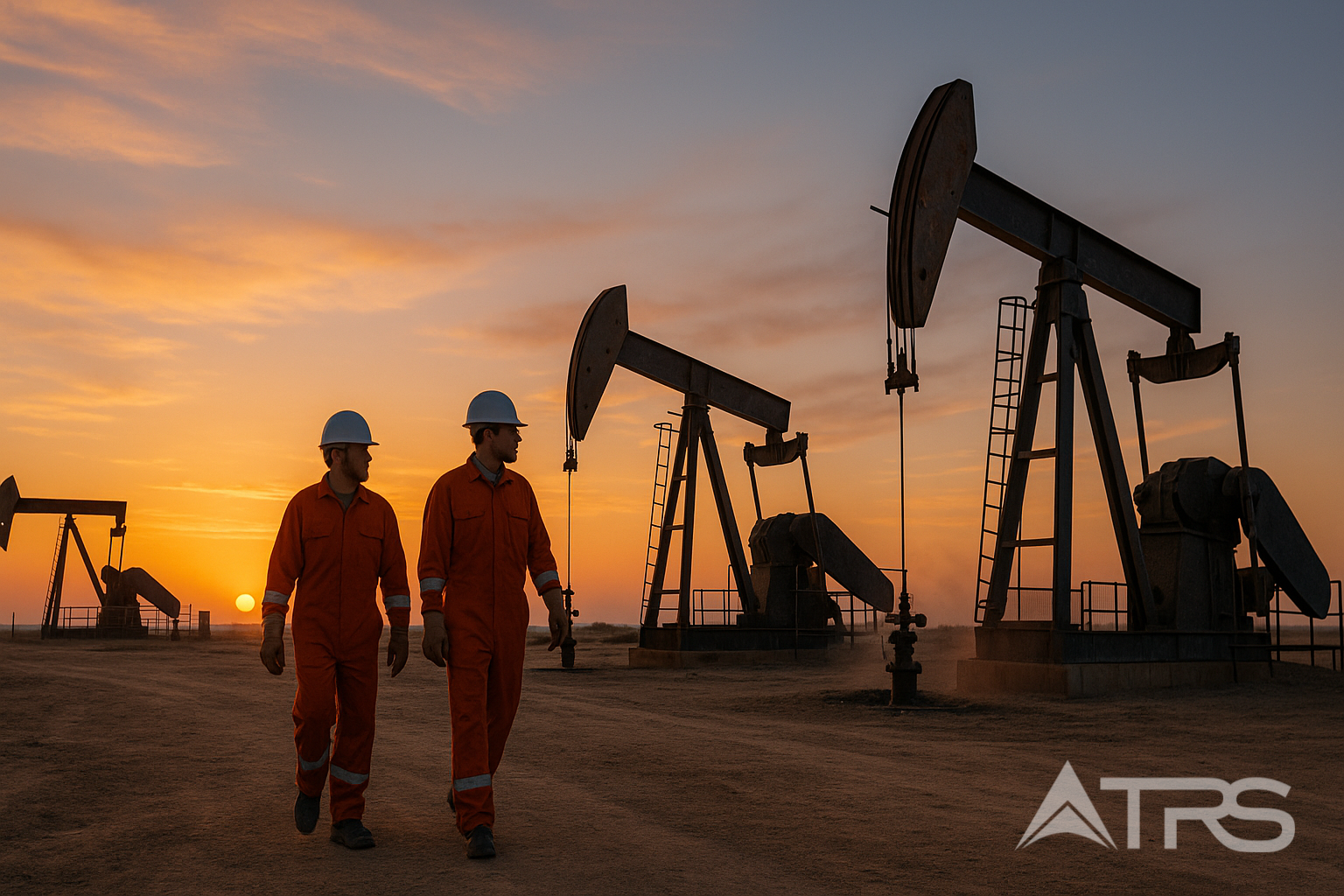 Industrial workers at oil field during sunset
